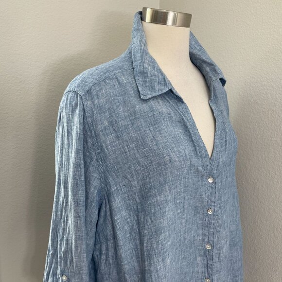 Sigrid Olsen Womens Plus 2X Blue 100% Linen Button Up Shirt Roll Tab Sleeve Top - Picture 2 of 10